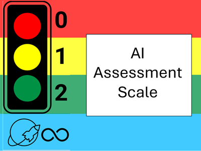color blocks from top to bottom in red, yellow, green, and blue with a stop light, circle with a rocket and infinity symbol on the left-hand side and the words AI Assessment Scale in a white box outlined in black border