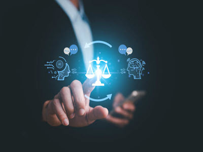 black background with one hand pointing to an illuminated image of a scale with a person on either side