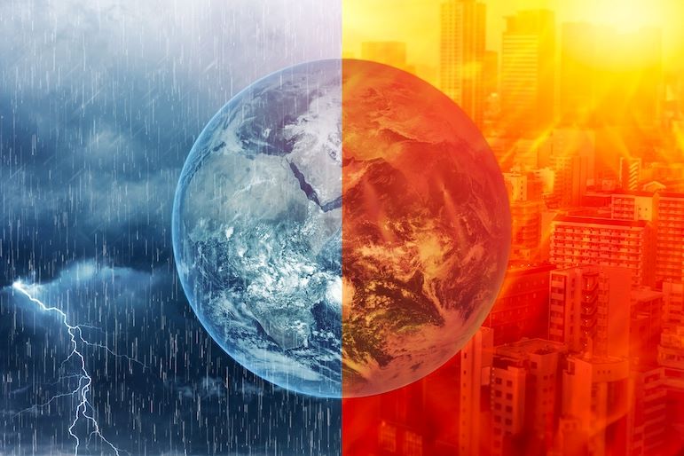 climate change depicted by earth under lightening and fire