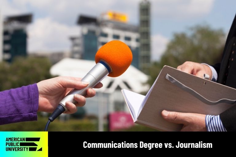 communications-degree-vs-journalism communication degree student with microphone