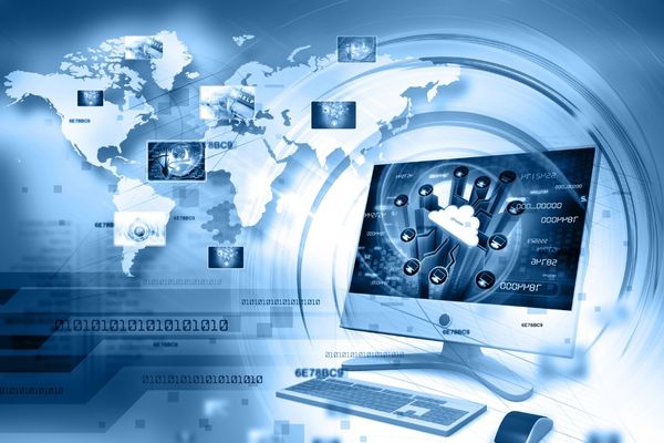 computer technology icons with image of continents and computer