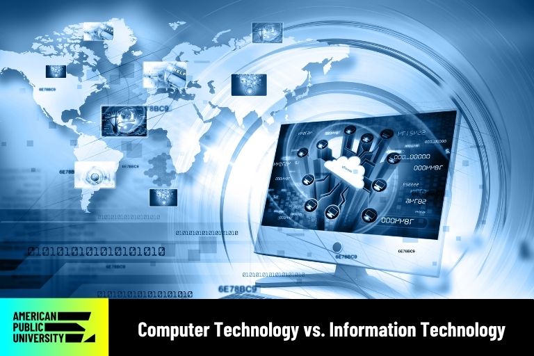 computer technology icons with image of continents and computer