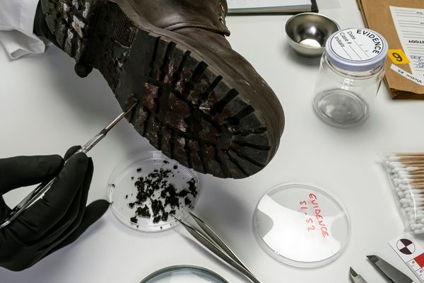 crime analyst examining evidence on bottom of shoe