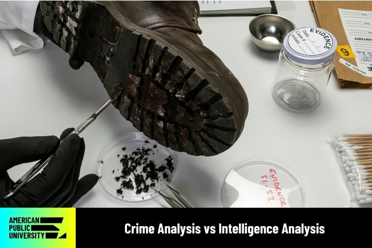 crime-analysis-vs-intelligence-analysis crime analyst examining evidence on bottom of shoe
