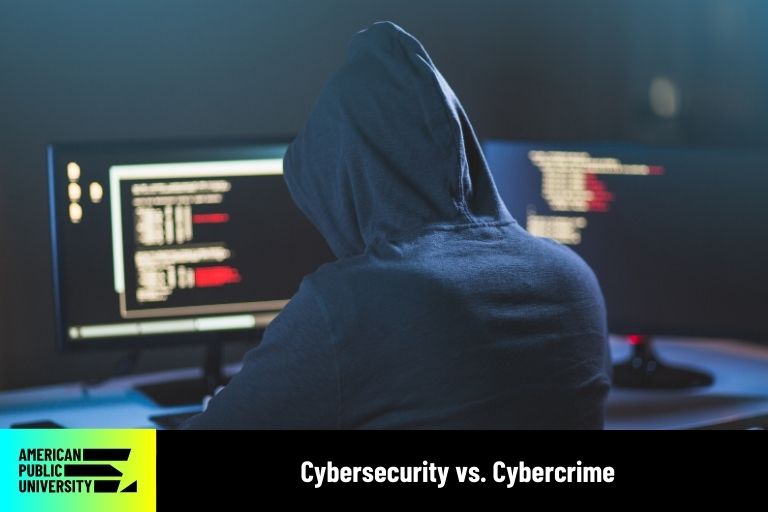 cybersecurity-vs-cybercrime cyber criminal hacking at desktop computer