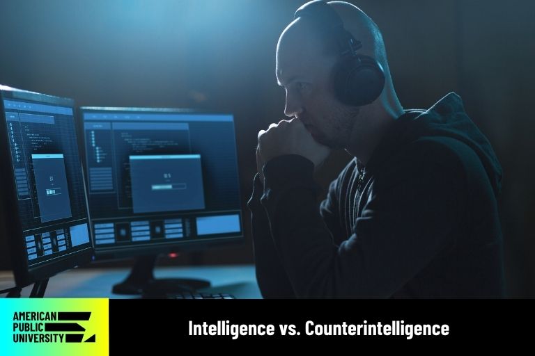 intelligence-vs-counterintelligence intelligence professional reviewing data on computer