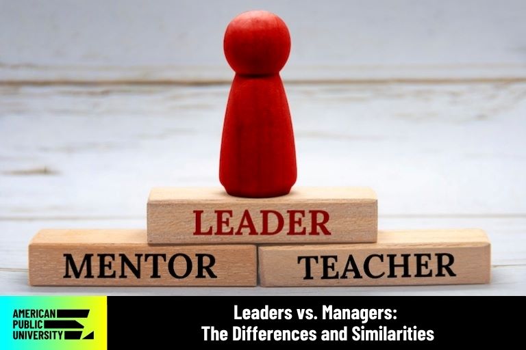 leaders-vs-managers wooden blocks reading leader, mentor, teacher