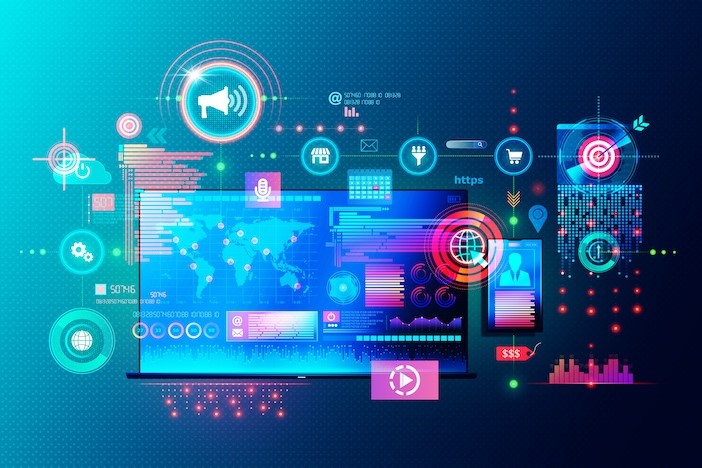 marketing research icons on laptop