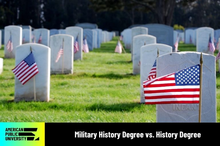 military-history-degree-vs-history-degree military history veteran graveyard with American flags