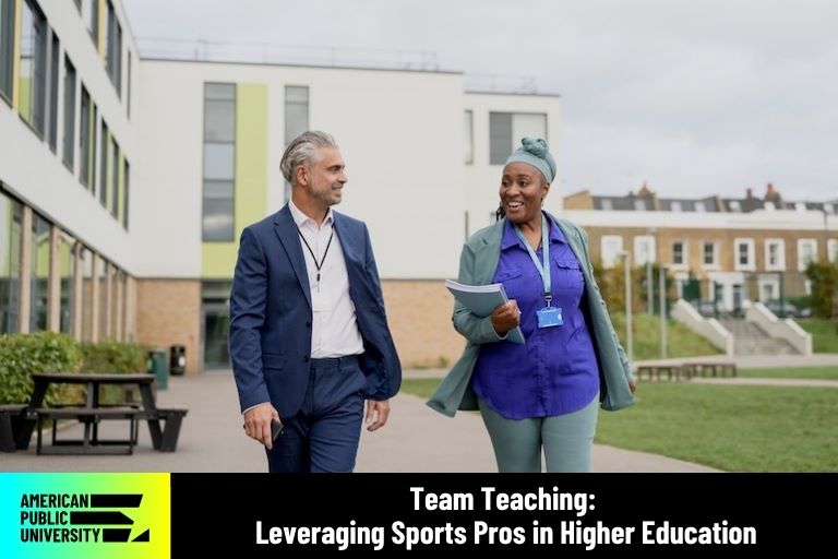 teachers walking on campus while talking