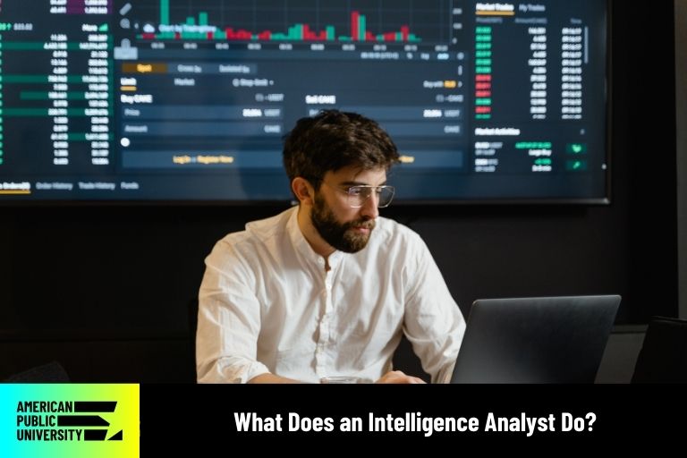 what-does-an-intelligence-analyst-do intelligence analyst typing on laptop