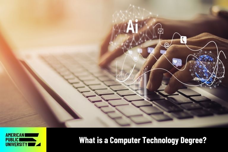 computer technology degree student typing on laptop