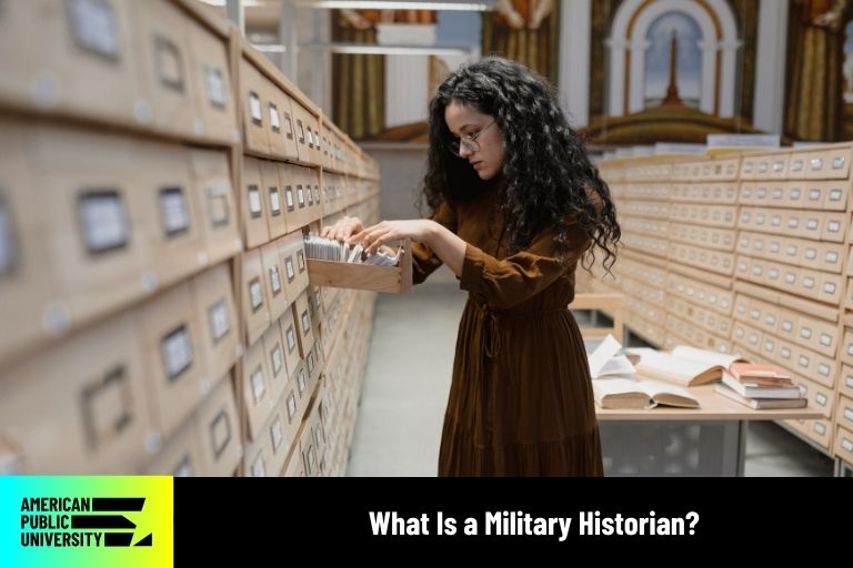 military historian looking in library card catalog